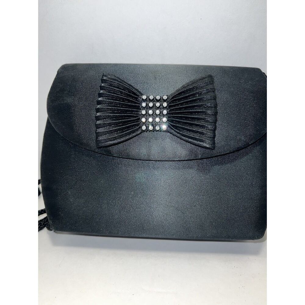 VTG. BLACK SATIN RHINESTONES Evening Bag Clutch Shoulder Bag - Picture 3 of 10